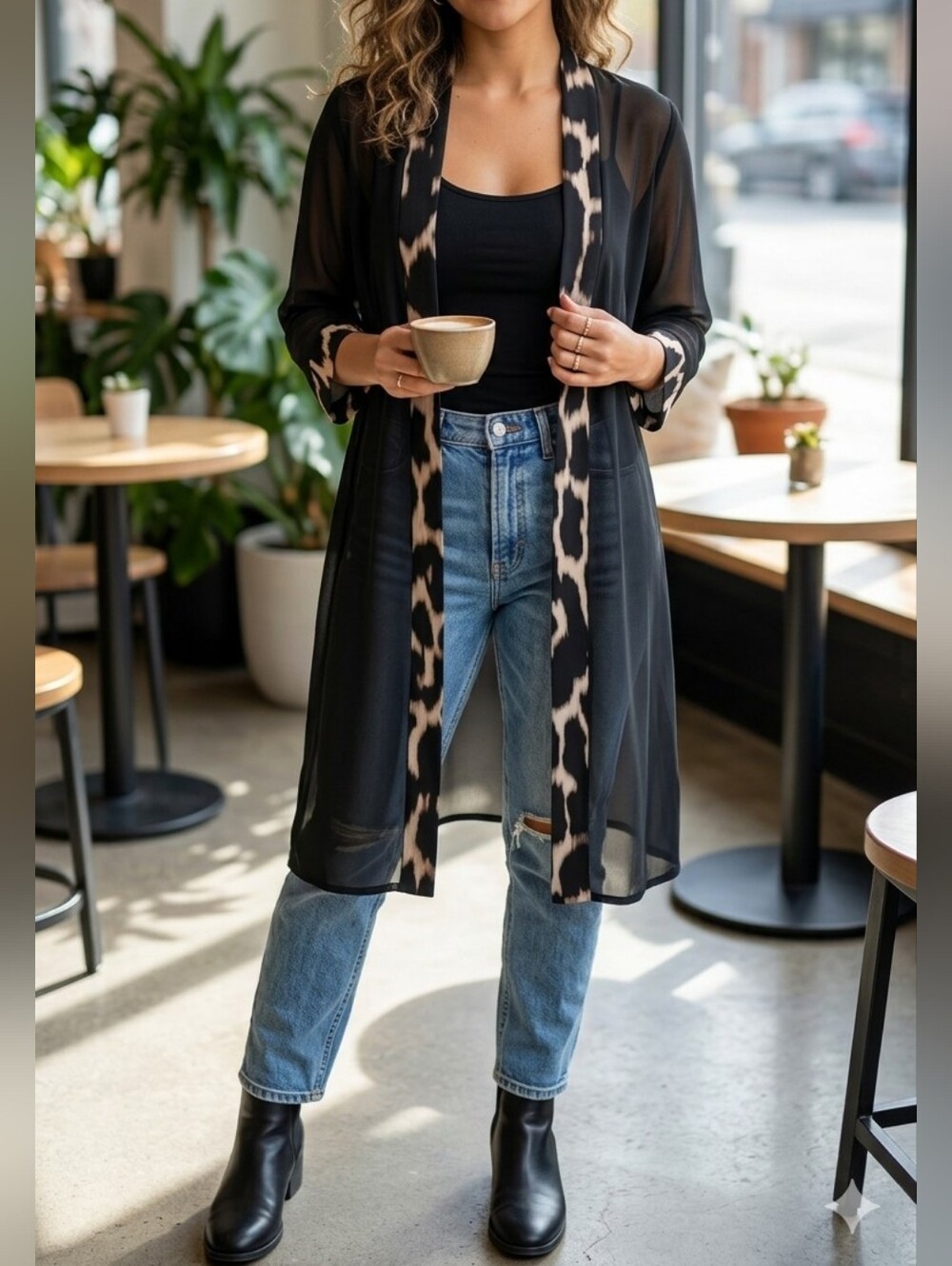NWT Tunics  Sheer Black Duster with Leopard Trim